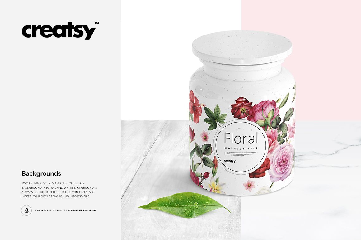 PSD mockup of a bath accessories container decorated with pink and red flowers, displayed on a marble surface.