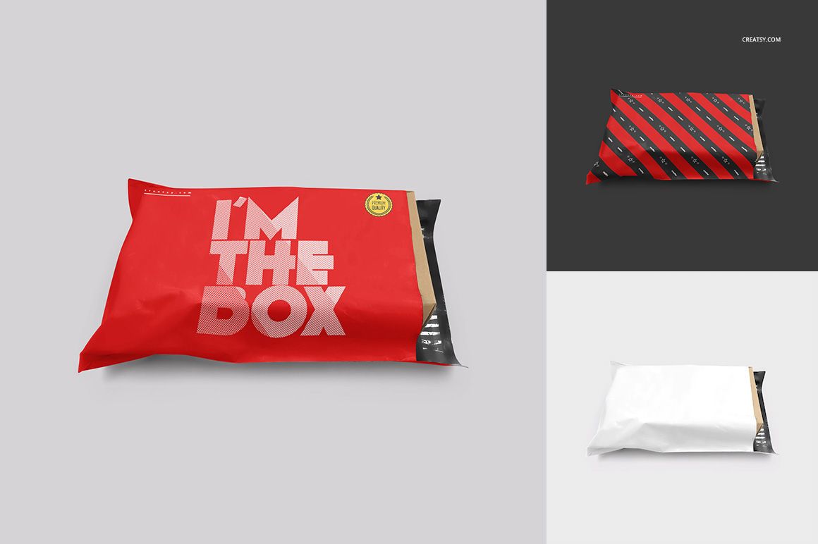 Mailing bag mockup set featuring three bags in different designs, shown from a front angle on neutral backgrounds.