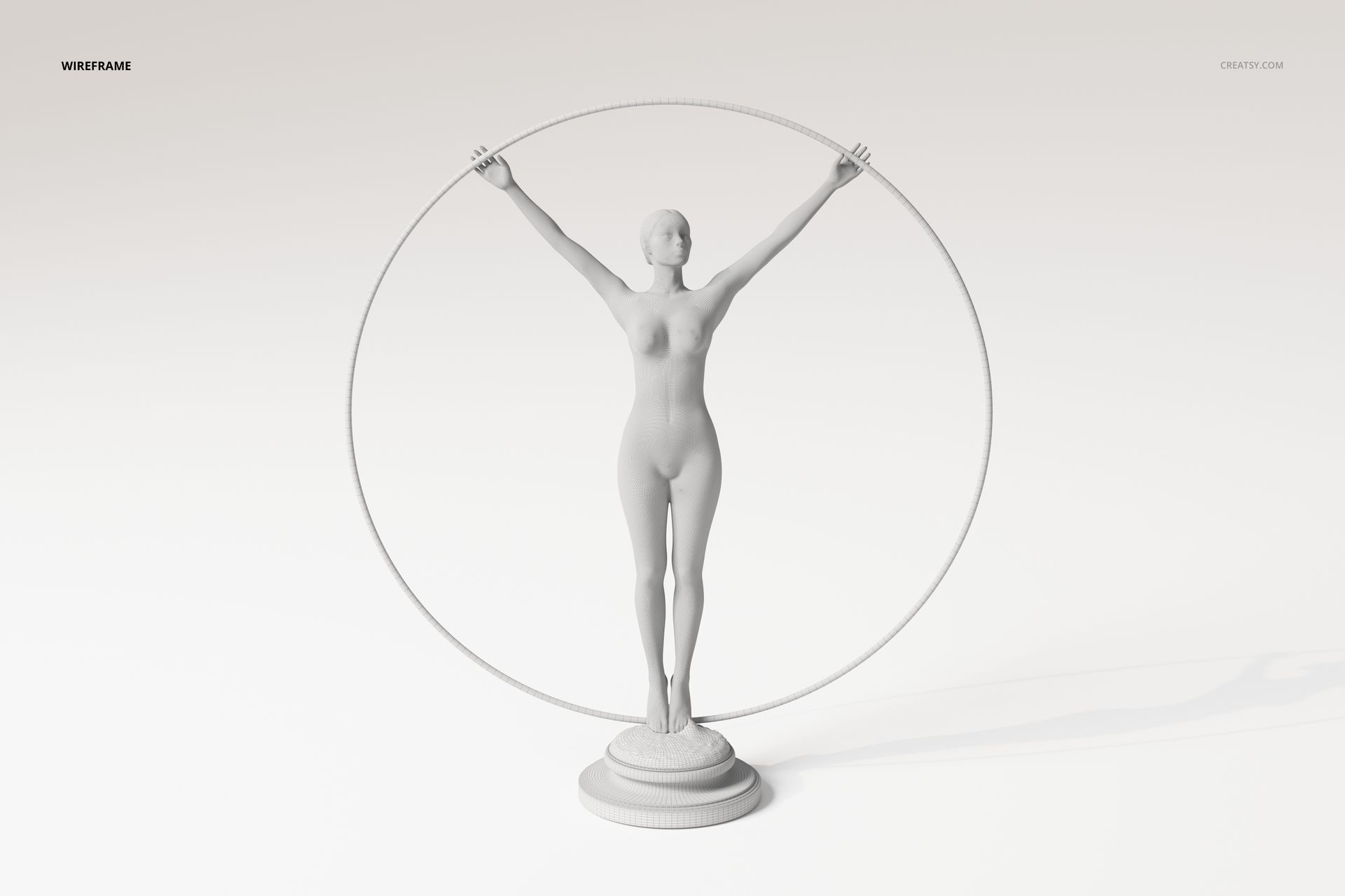 Front view of a classical woman sculpture in a neutral color, standing on a round base and holding a circular frame.