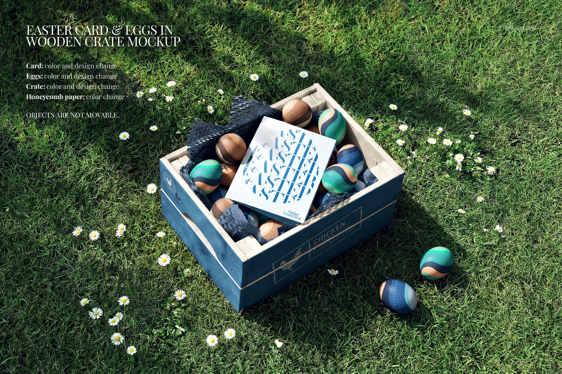PSD mockup featuring a wooden crate with striped and solid Easter eggs, card, and grassy outdoor setting with daisies.