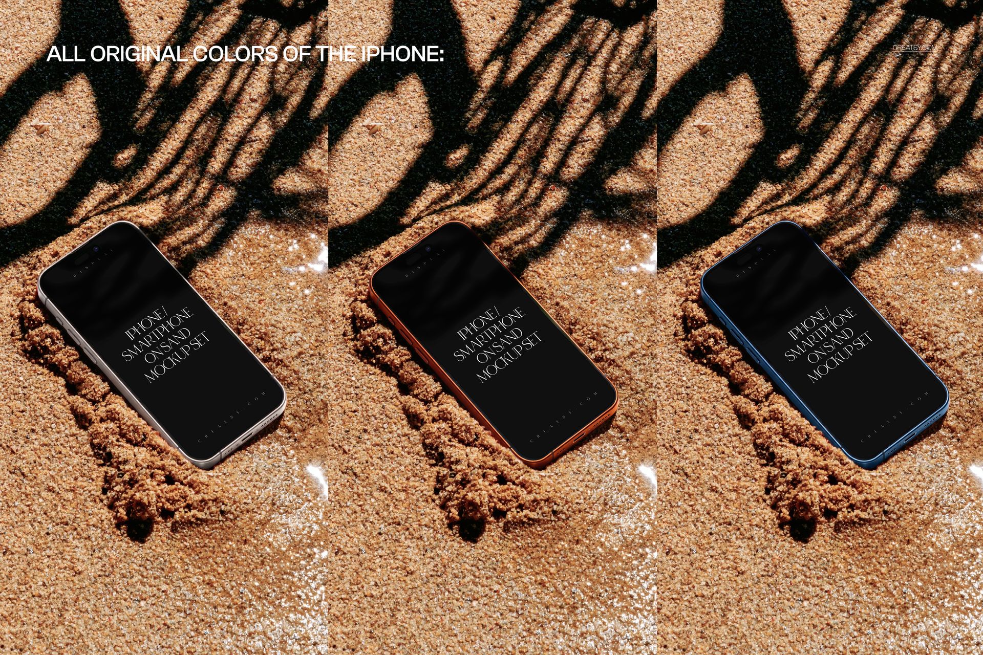 PSD mockup showing three smartphones on sand, each in a distinct color, captured from a top-down perspective.