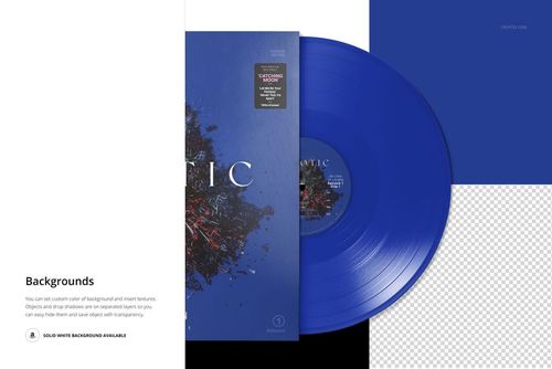Blue vinyl record and album cover mockup displayed from above, with white and transparent background sections.