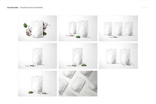 Multiple doypack bag pouch mockups displayed in different groupings, some with coffee beans and mint leaves nearby.