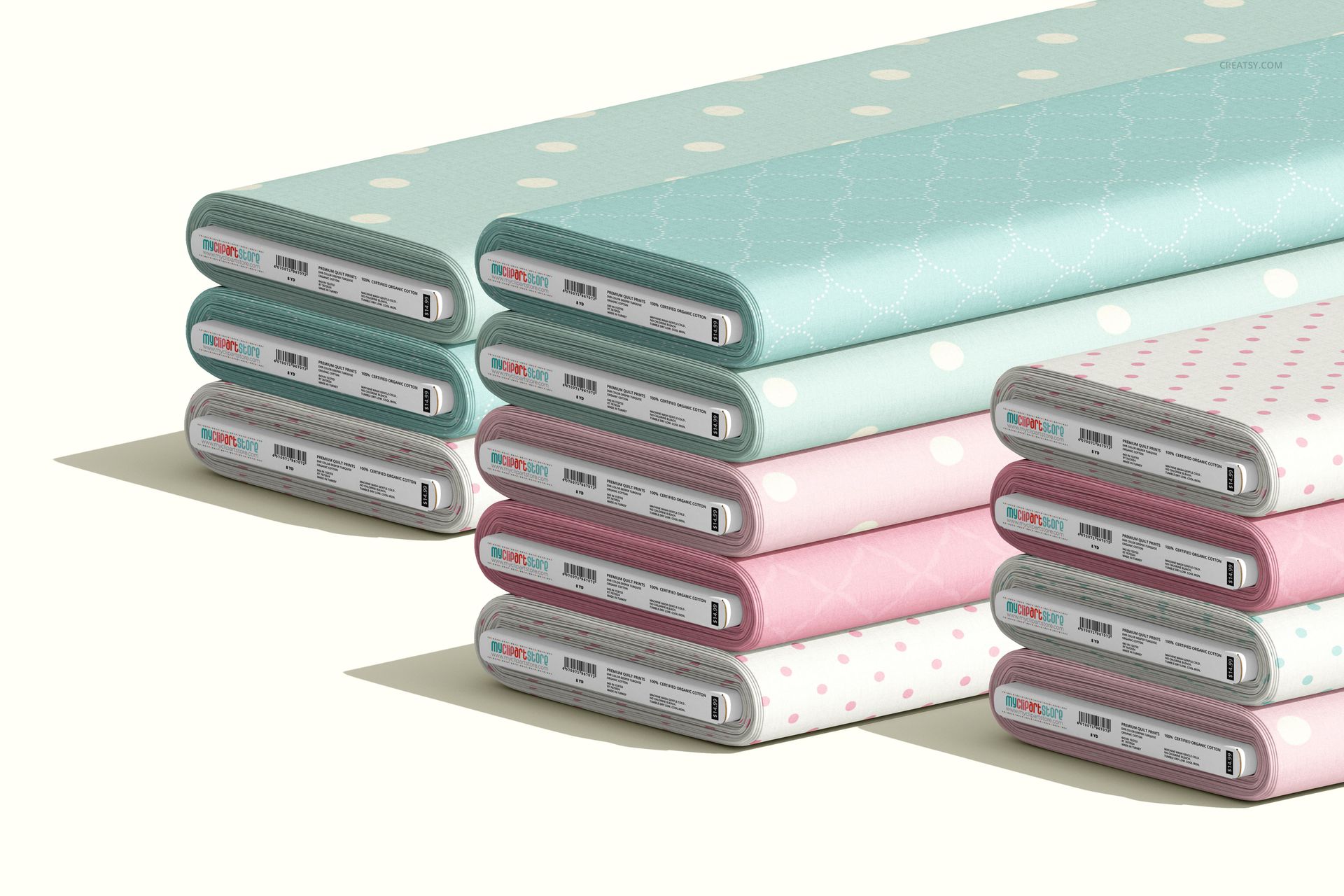 PSD mockup showing fabric bolts in light colors and subtle designs, displayed from a front angled perspective.