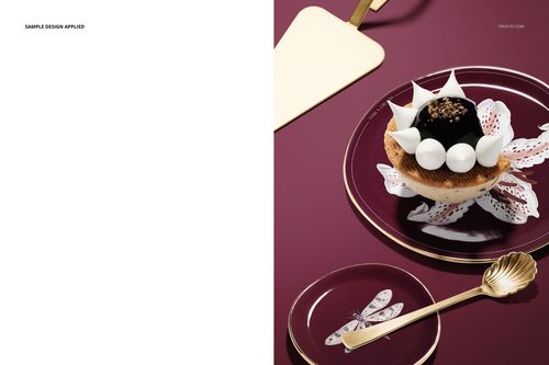 Top view of a plate mockup set with floral patterns, featuring a dessert and gold utensils on a burgundy surface.