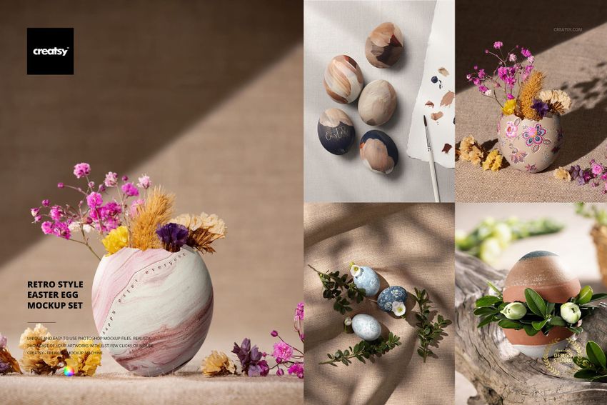 Retro style Easter egg mockup featuring painted eggs in soft pastel and earthy tones, displayed with dried flowers and natural linen.