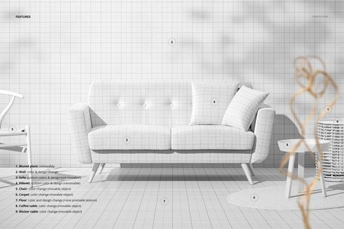 Front view of a modern sofa mockup with white upholstery, grid pattern background, and removable props in a bright room.