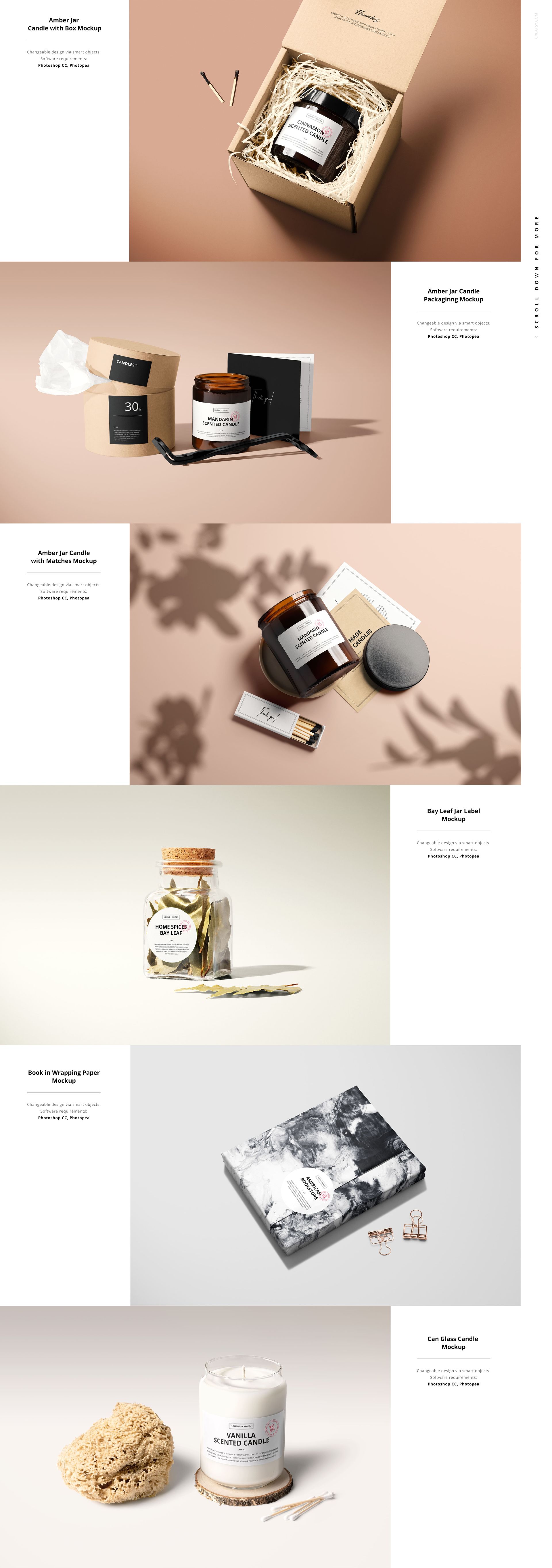 Various packaging mockups including stickers, jars, boxes, and candles displayed in realistic settings with neutral tones.