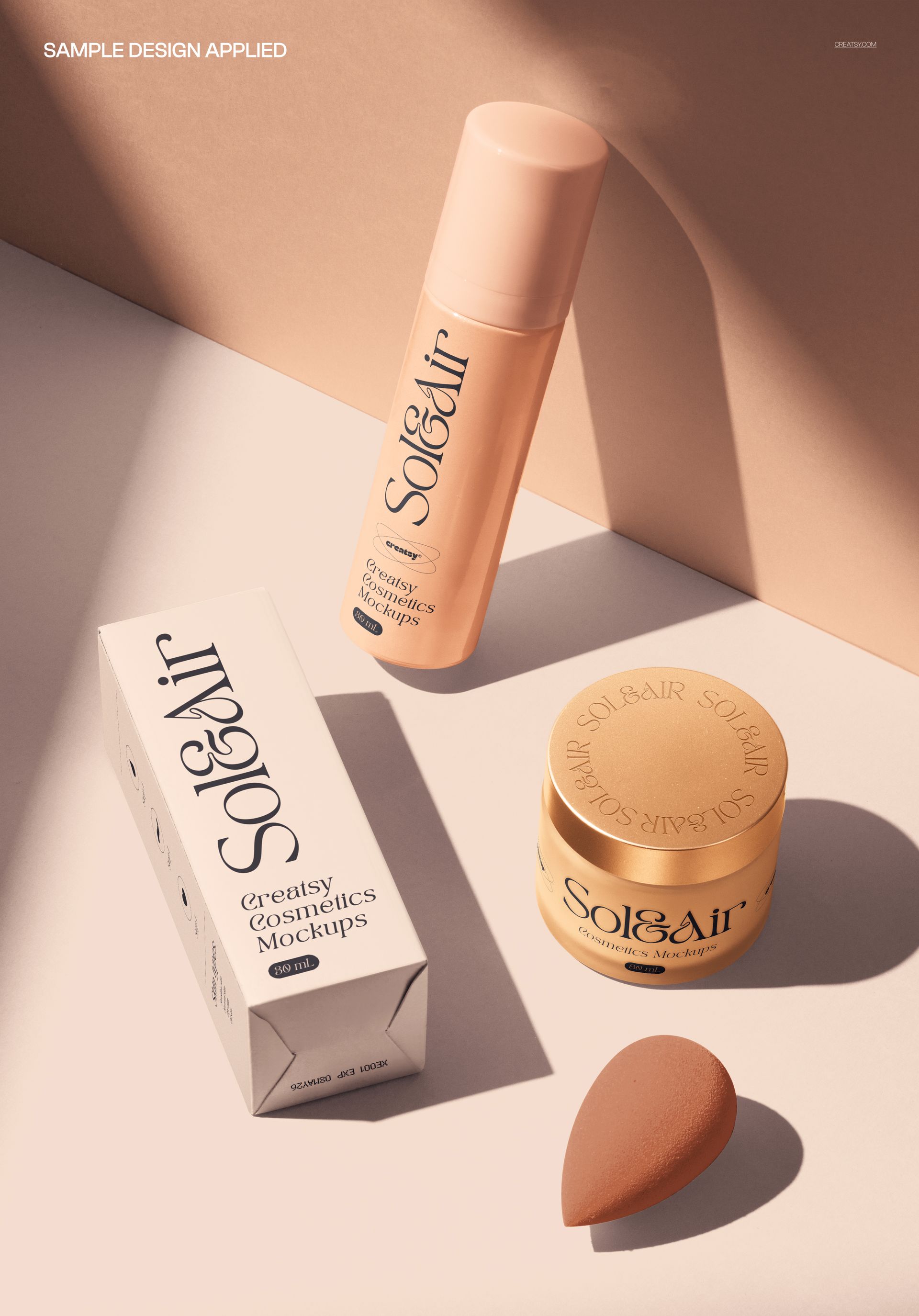 Cosmetic packaging set mockup with a bottle, cream jar, and product box in soft beige tones, front view in a studio setting.