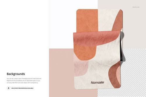 PSD mockup of a yoga mat featuring soft geometric shapes in pink, beige, and brown, displayed from above.