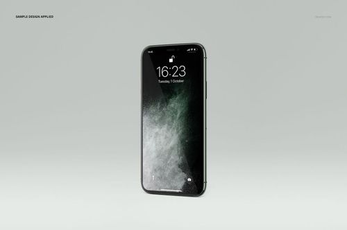 Single iPhone 11 Pro mockup with a cloudy textured screen, displayed upright on a minimalist pale backdrop.