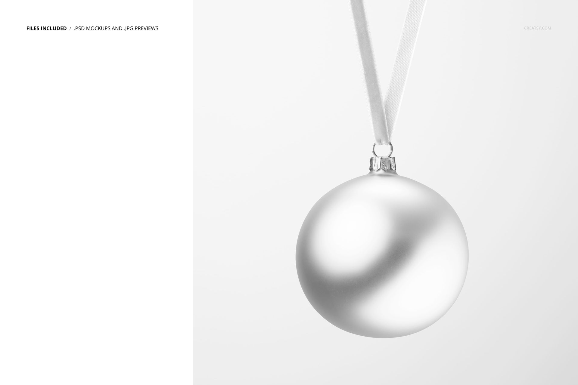 Close-up of a round satin Christmas bauble with smooth metallic finish, suspended by a velvet ribbon in a PSD mockup.