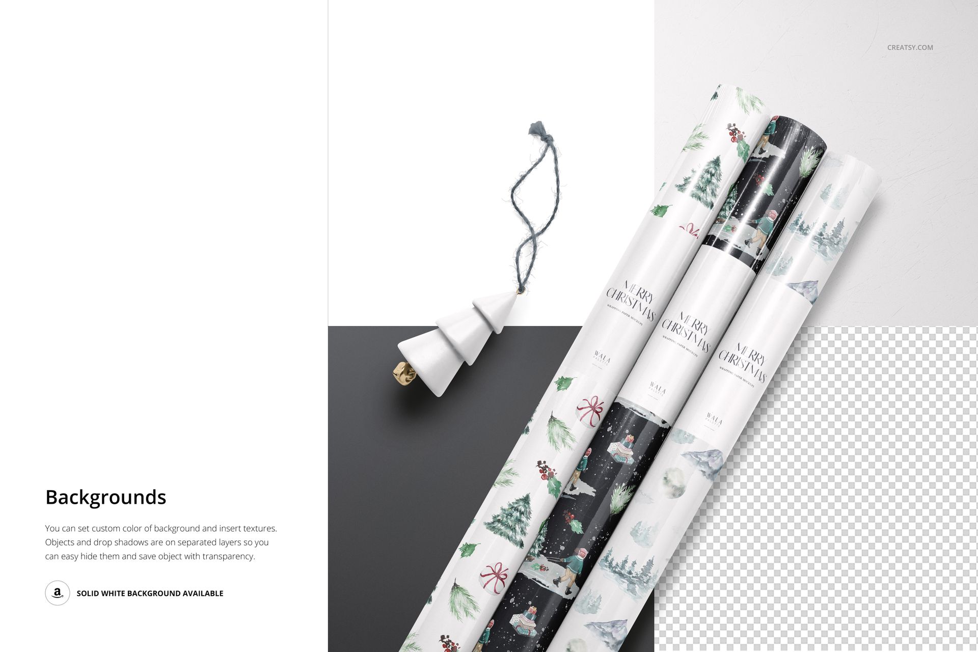 Gift wrapping paper mockup featuring three rolled sheets with winter designs, arranged on a clean, light background.