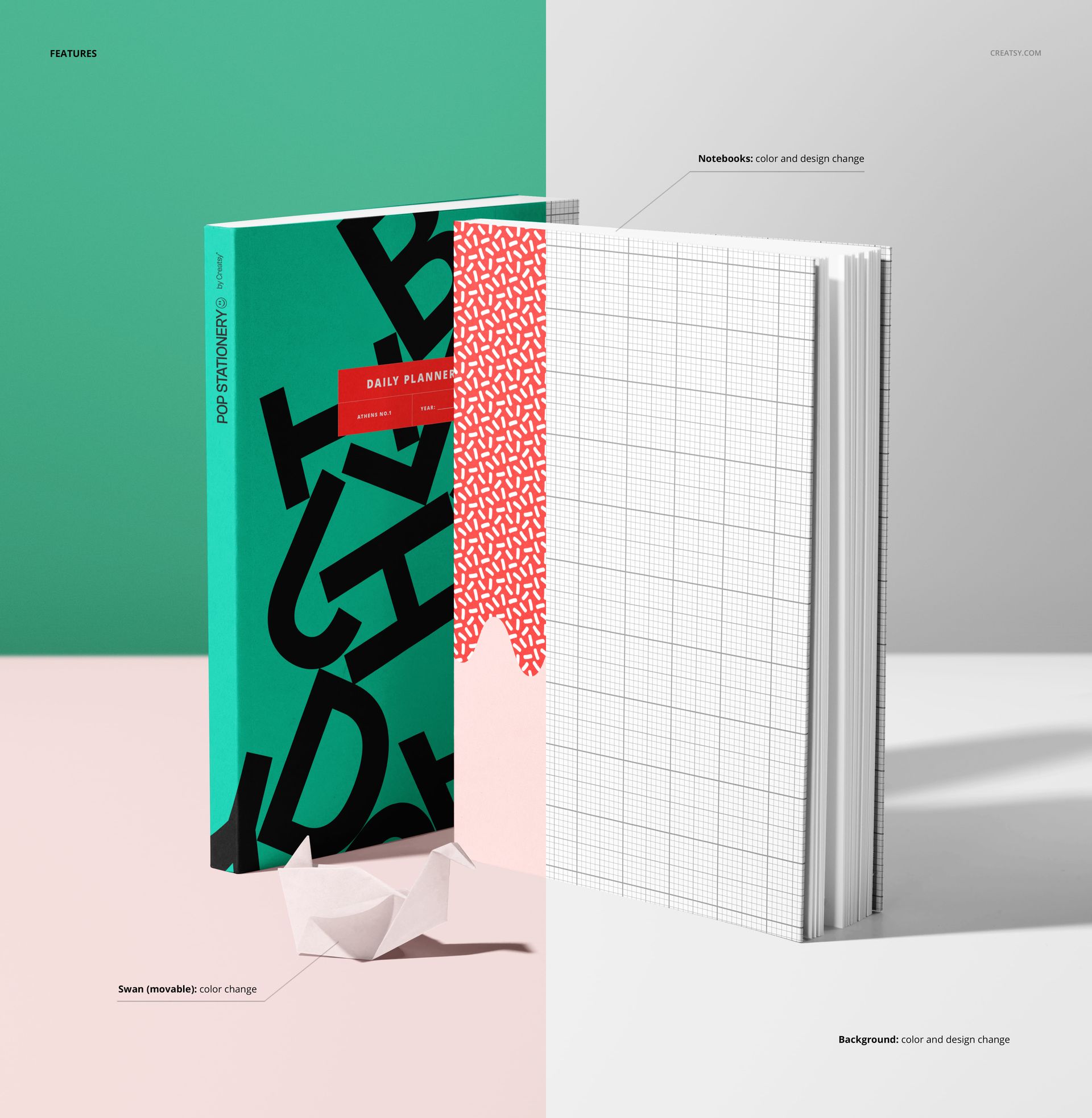 PSD mockup featuring a pair of vertical stationery planners and a folded paper swan, set against a divided pink and white backdrop.