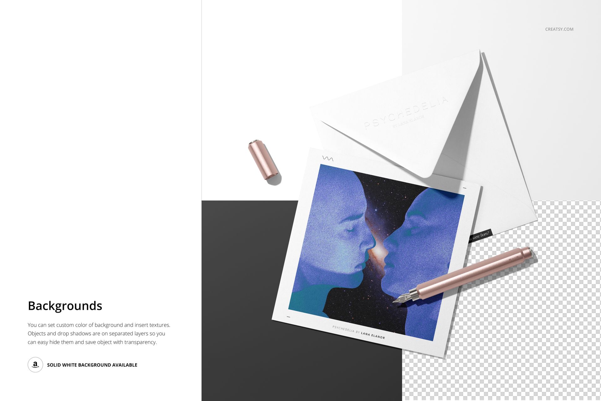 Square stationery cards and envelopes mockup set arranged on a white and gray background with a metallic pen.