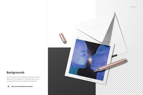 Square stationery cards and envelopes mockup set arranged on a white and gray background with a metallic pen.