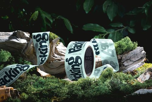 Unspooled packaging tape with graphic lettering arranged on mossy logs and greenery, forest nature backdrop, mockup scene.