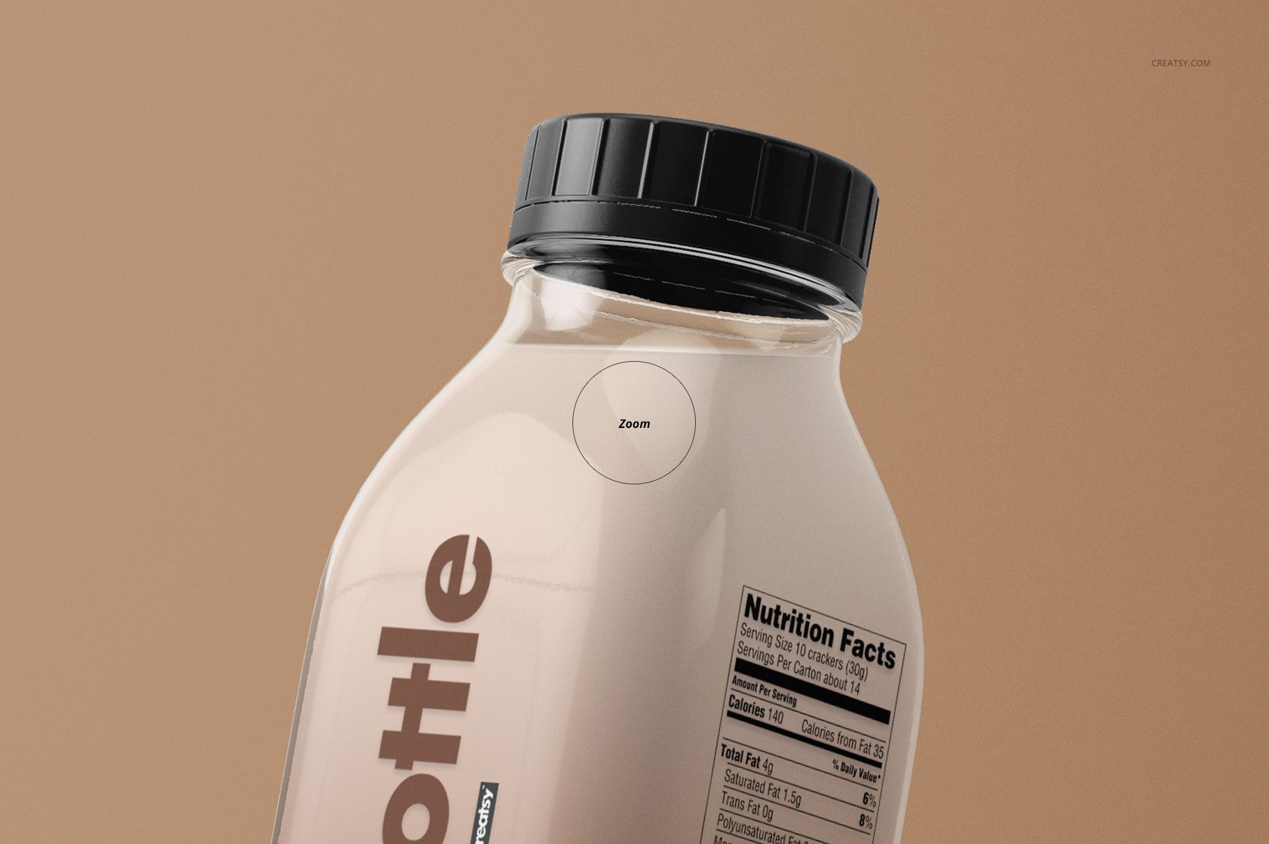 Close-up of a glass bottle mockup with a black lid, beige background, and visible nutrition label on the side.