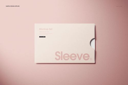 Rectangular collateral sleeve mockup with a cutout on the right side, shown on a pale pink background from above.