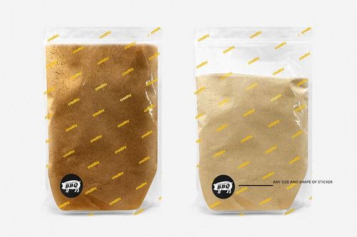 PSD mockup showing two plastic zip lock bags, one transparent and filled, one non-transparent, set against a plain white surface.