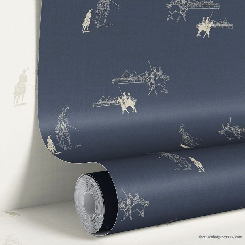Paper wallpaper mockup featuring a rolled sheet with navy blue background and cream polo club illustrations in a repeating pattern.
