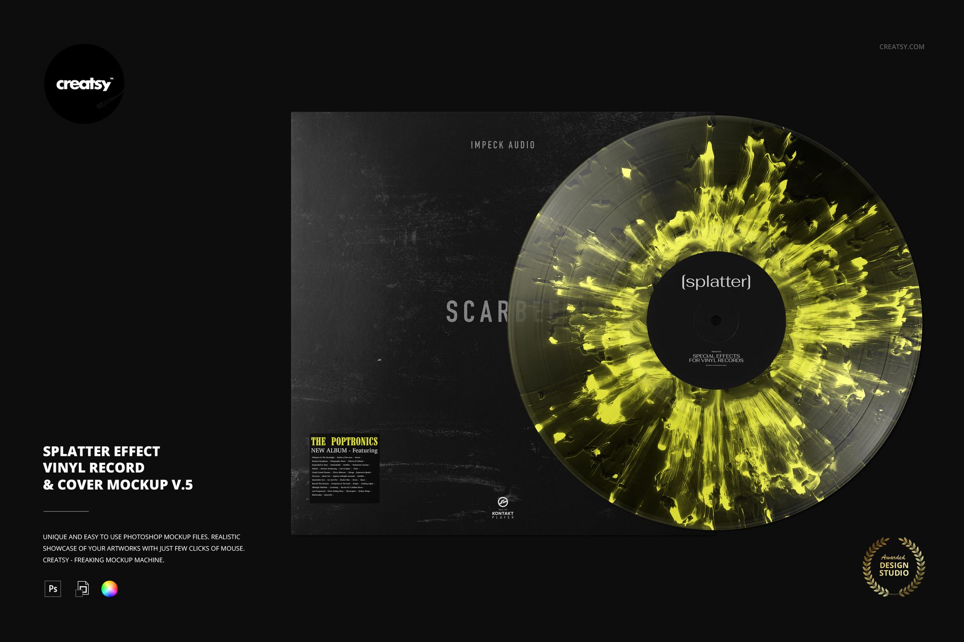PSD mockup of a vinyl record with bright yellow splatter design beside a black cover, both set against a dark backdrop.