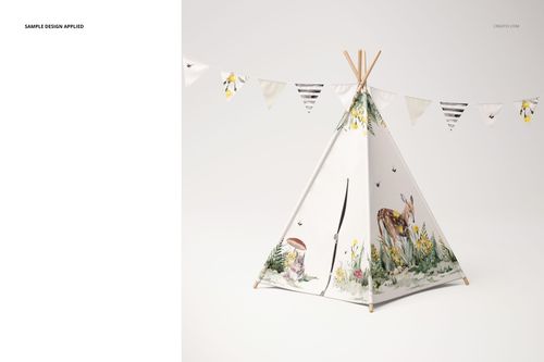 Front view of a teepee tent mockup with wooden poles, decorated with nature-themed illustrations and a bunting banner.