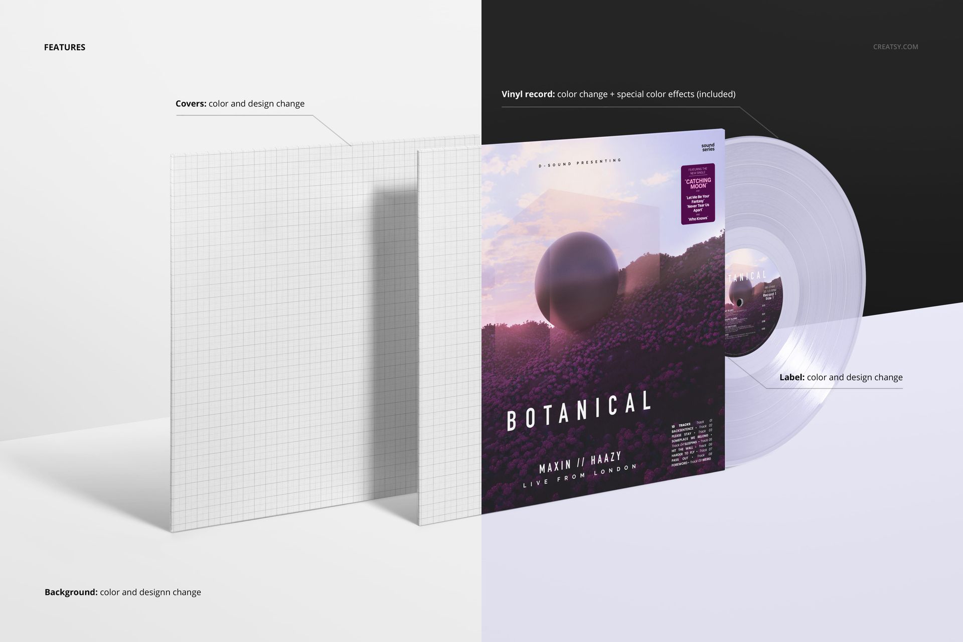 Standing translucent colored vinyl record and album covers mockup with grid pattern and botanical design, front view.