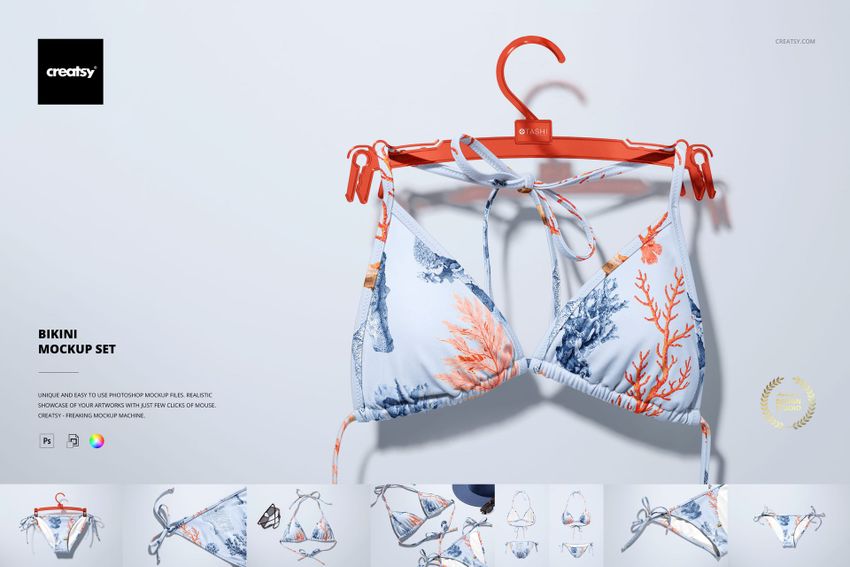 Bikini PSD mockup featuring a blue and orange coral print, shown hanging on a red hanger with shadows on white.