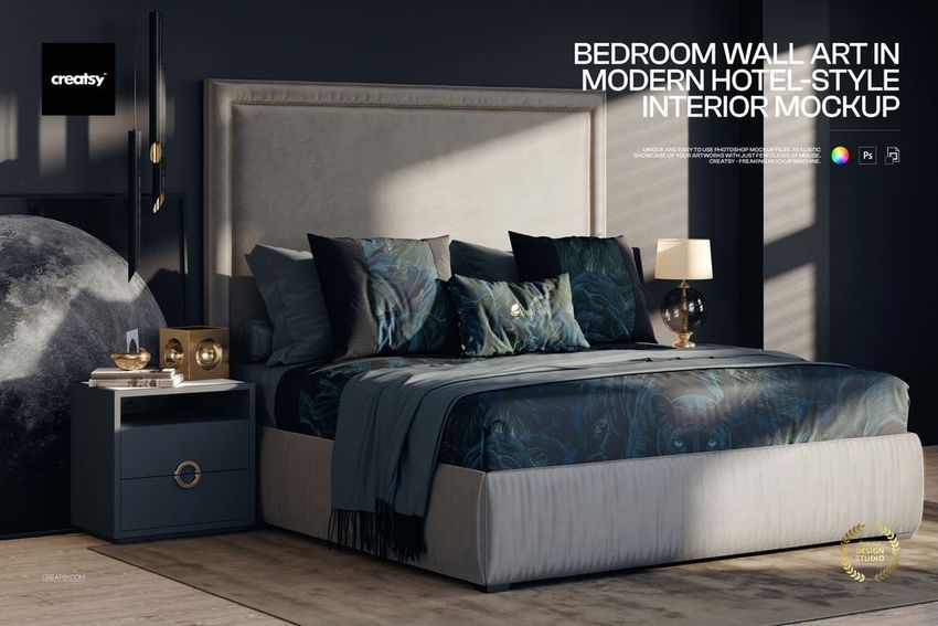 PSD mockup of a stylish bedroom interior with elegant bed, nightstands, lamps, and decorative wall art above the bed.