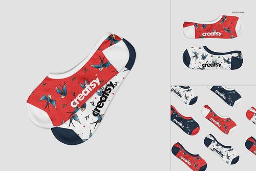 No show socks with red, white, and navy blue sections featuring a bird pattern, displayed in a PSD mockup set.