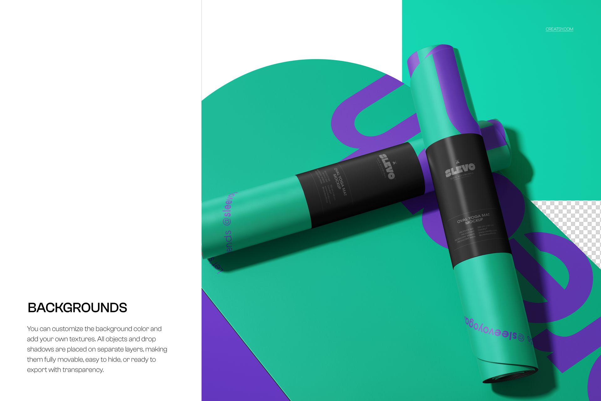 PSD mockup featuring two rolled PU oval yoga mats with turquoise and purple colors on a flat mat from above.