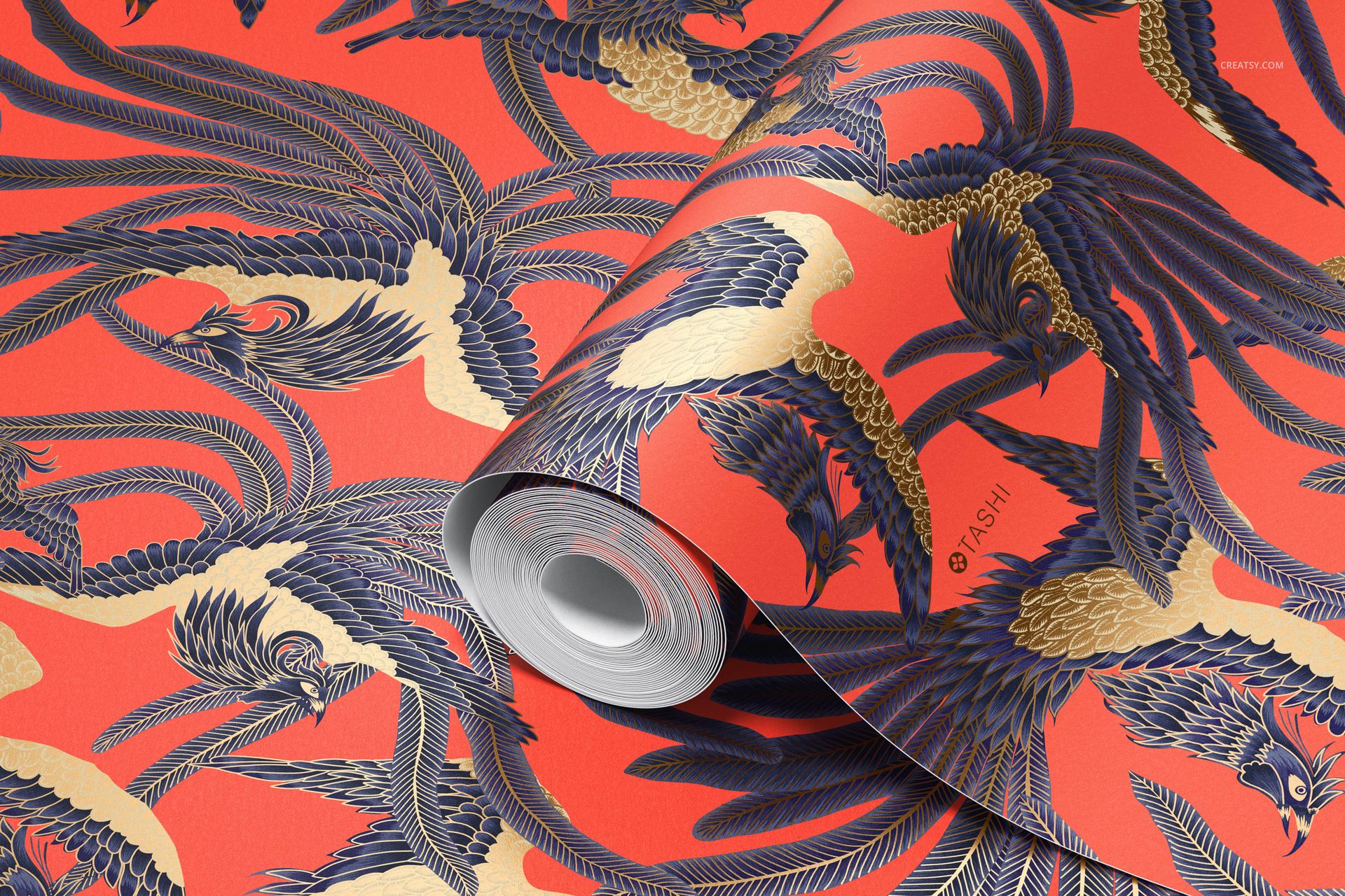 Paper wallpaper mockup with a vibrant red base and detailed gold and blue bird pattern, displayed from a front angle.