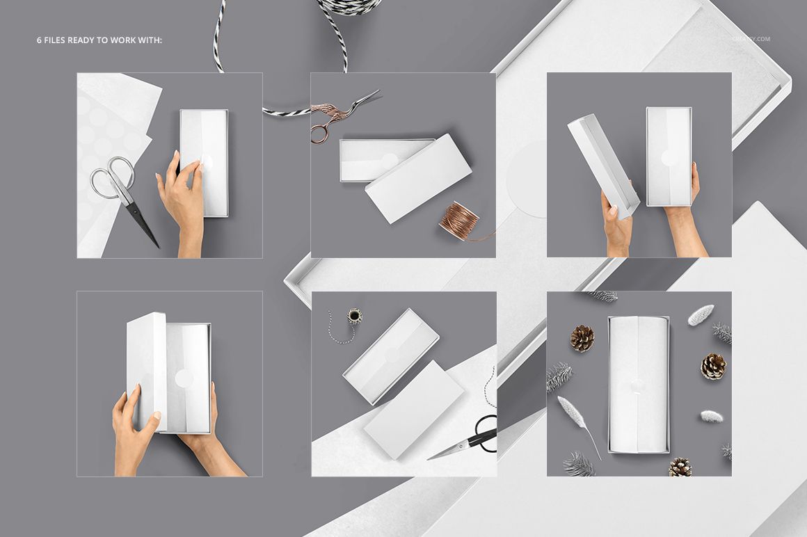 Gift box wrapping tissue paper mockup set showing white tissue paper and rectangular boxes from various angles.