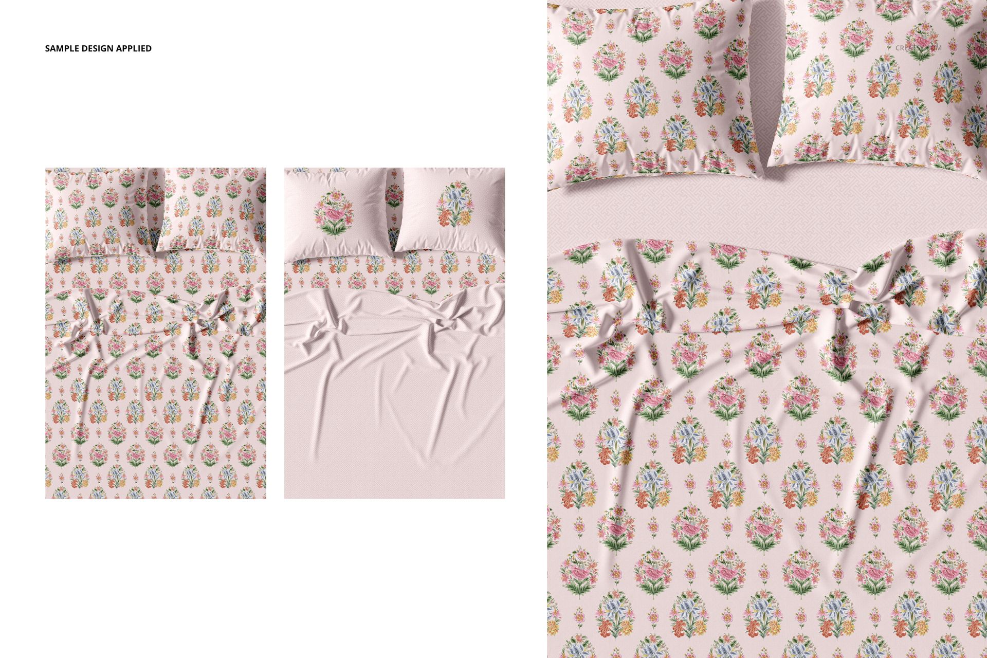 Bedding set mockup featuring a duvet and pillows with a colorful floral pattern, shown from a top view on a light surface.