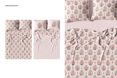 Bedding set mockup featuring a duvet and pillows with a colorful floral pattern, shown from a top view on a light surface.
