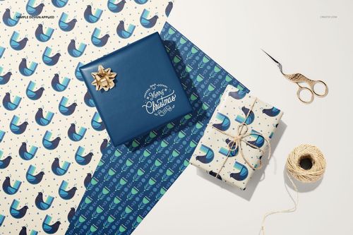Gift wrapping paper mockup with two wrapped boxes, blue and cream paper featuring abstract bird patterns, top view.