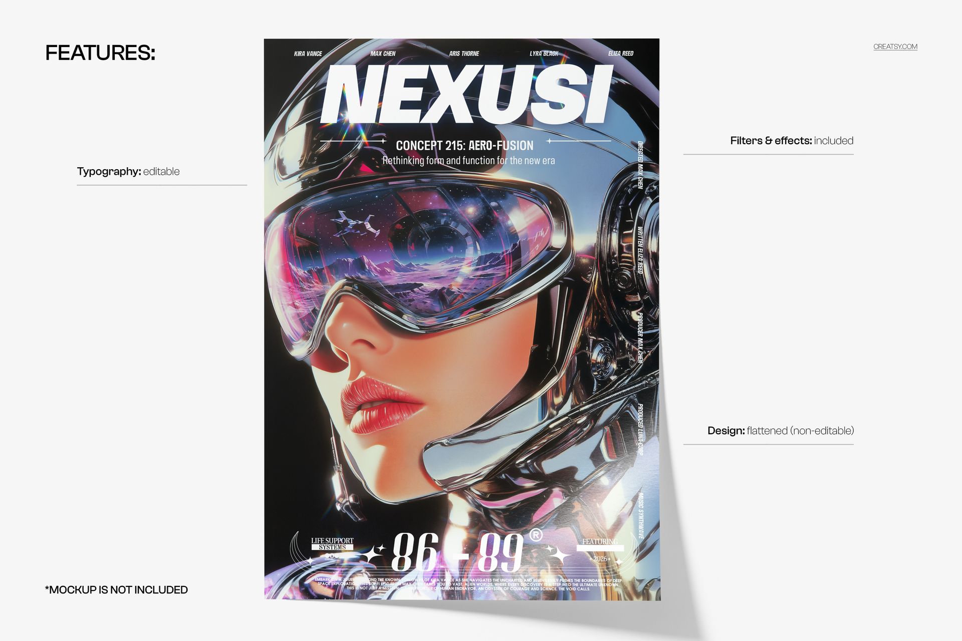 Front view of a poster mockup with futuristic metallic patterns and bold white typography, surrounded by feature labels.