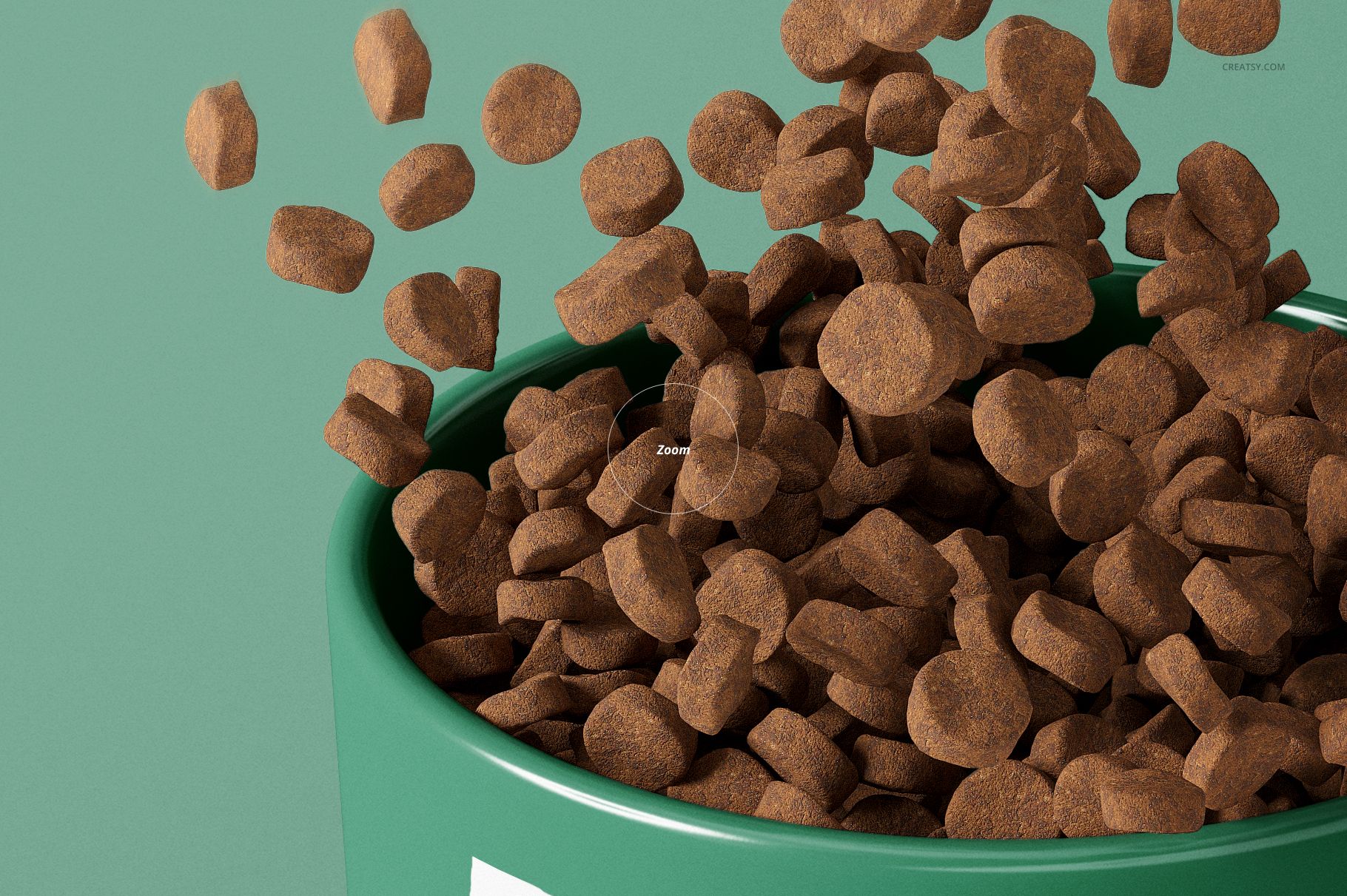 Brown pet food pieces dropping into a green bowl, detailed in a realistic PSD mockup with a plain backdrop.