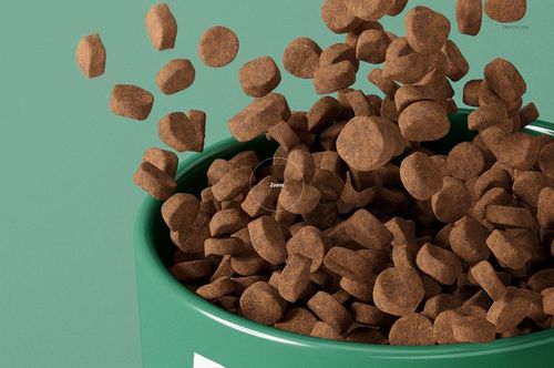 Brown pet food pieces dropping into a green bowl, detailed in a realistic PSD mockup with a plain backdrop.