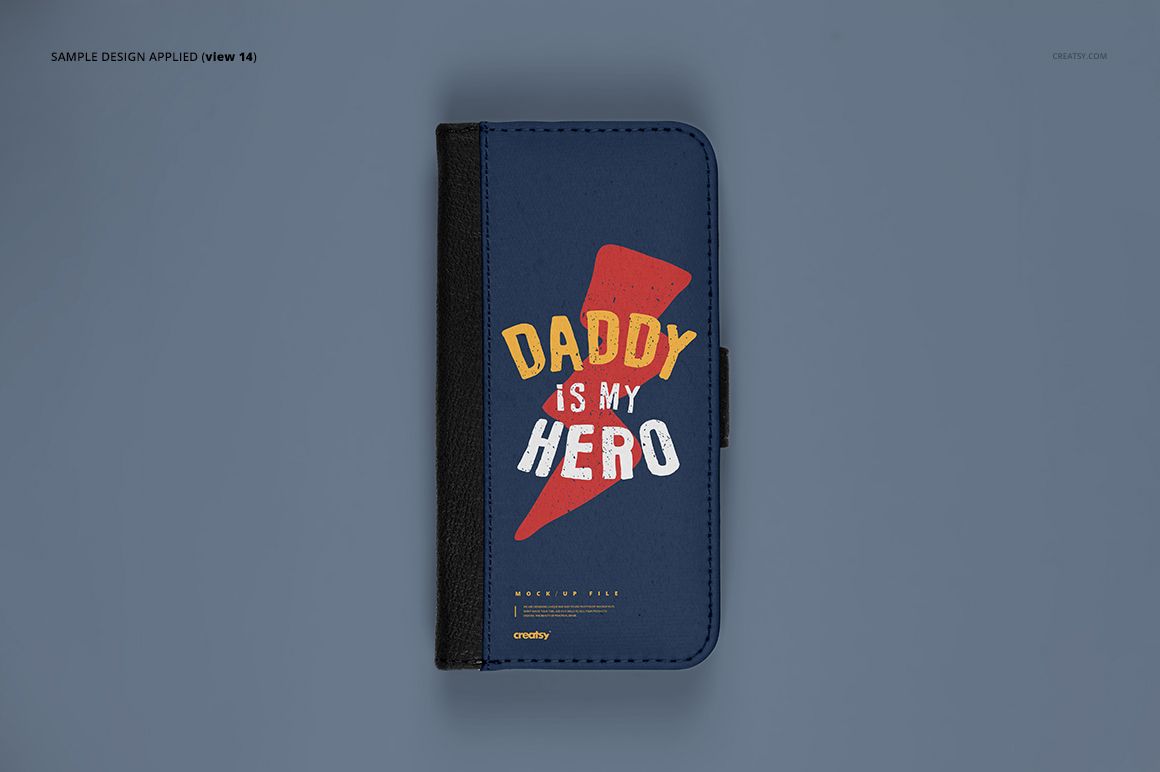 iPhone X foldable case mockup featuring a dark blue cover, bold graphic design, and black spine, displayed flat.
