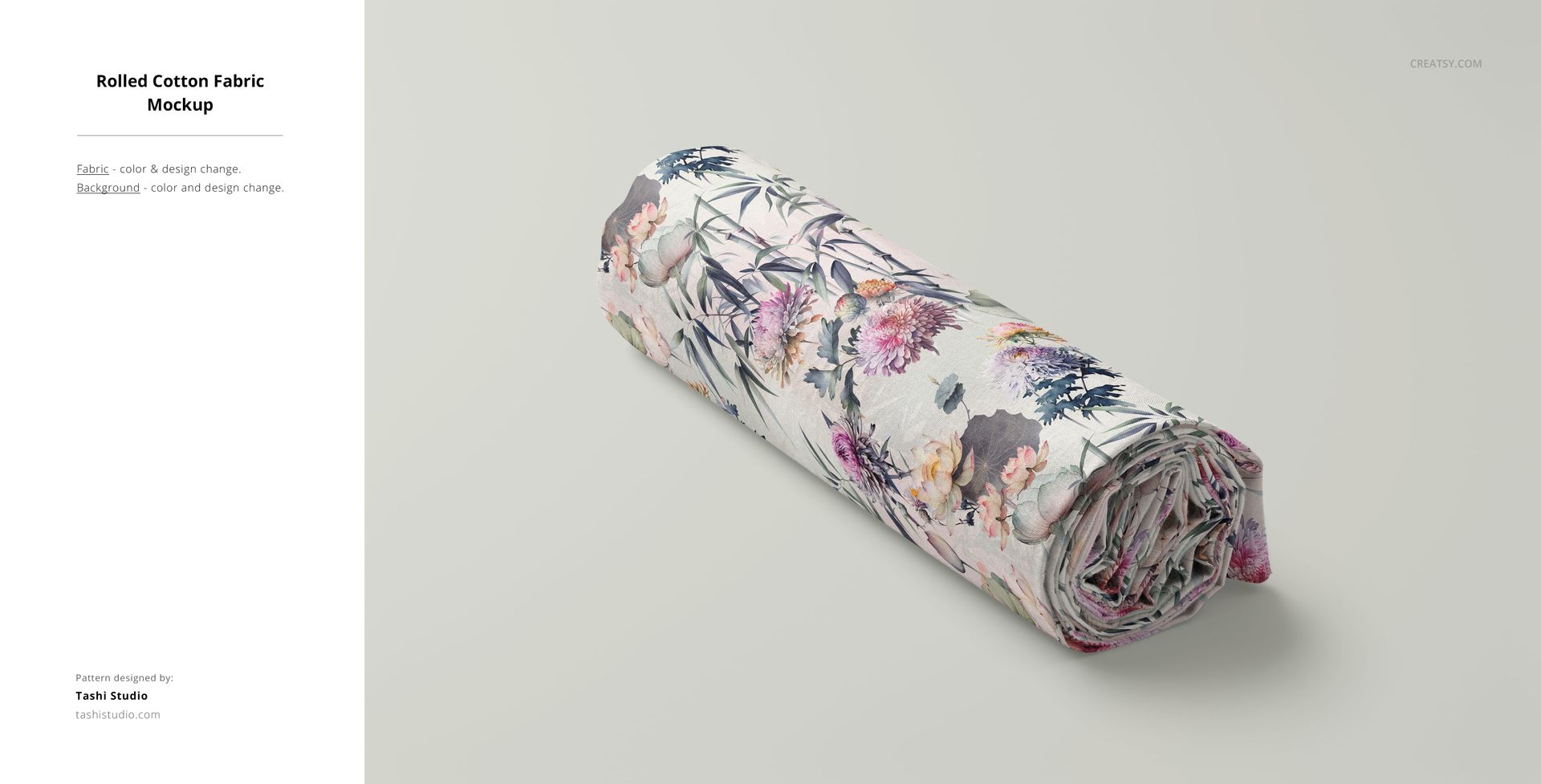 PSD mockup of a rolled cotton textile with botanical motifs in soft shades, placed on a plain light backdrop.