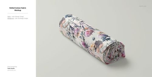 PSD mockup of a rolled cotton textile with botanical motifs in soft shades, placed on a plain light backdrop.