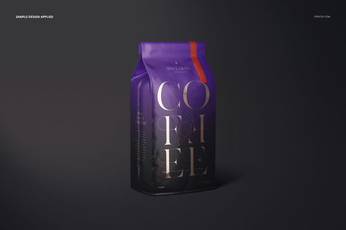 Glossy coffee bag mockup with a purple and red design, shown in a front angled view on a dark background.