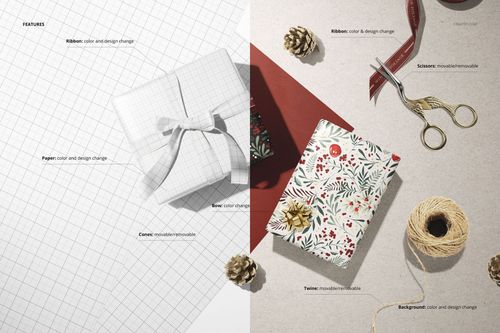 Wrapping paper mockup set featuring two gift boxes, one with a grid pattern and one with festive foliage, shown from top view.