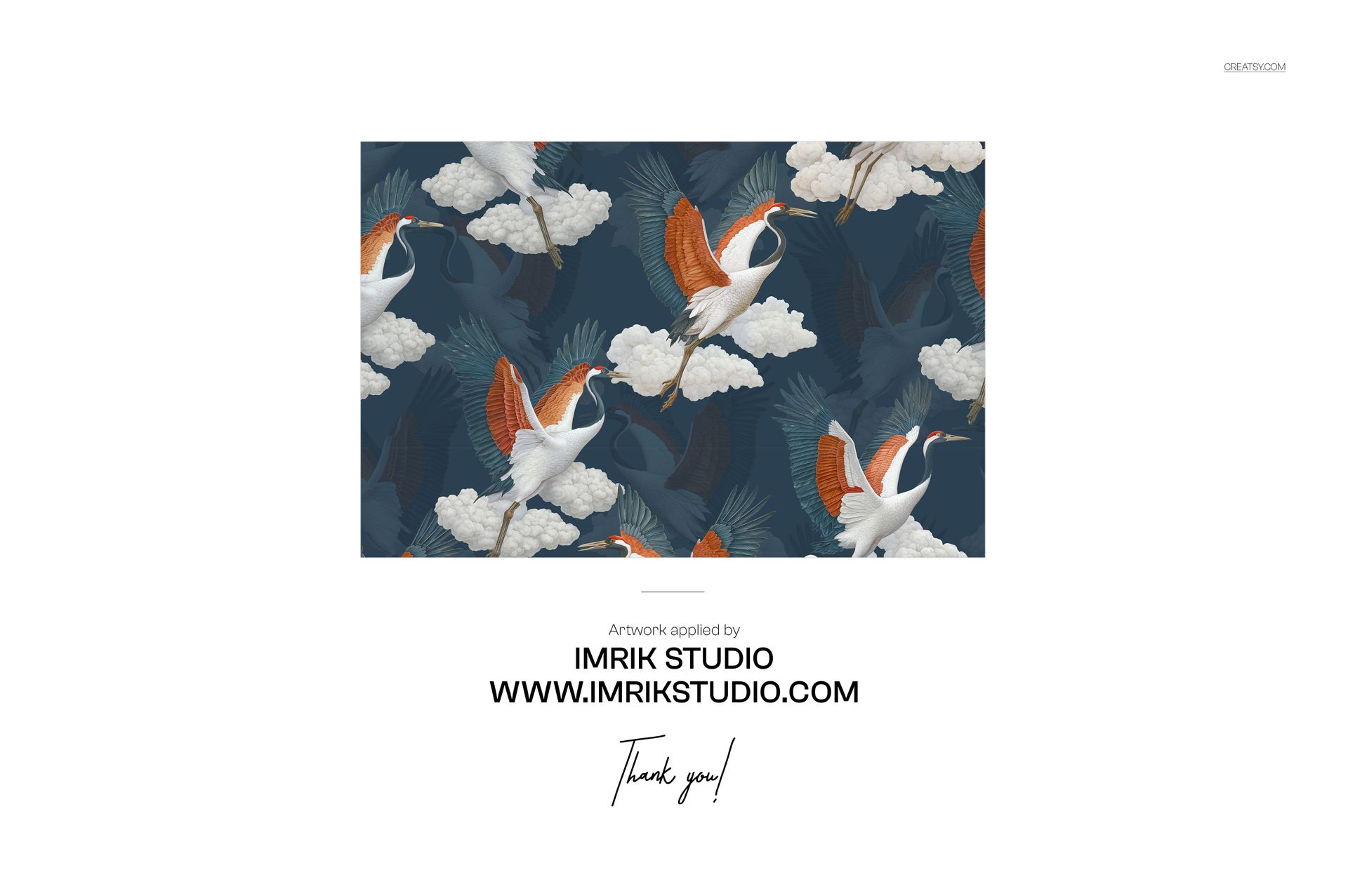 Close-up of a tracksuit fabric mockup featuring a crane and cloud pattern in blue, white, and orange tones.