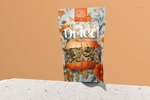Paper pouch mockup featuring dried pumpkin seeds, decorated with orange flowers and pumpkins, standing on a textured surface.