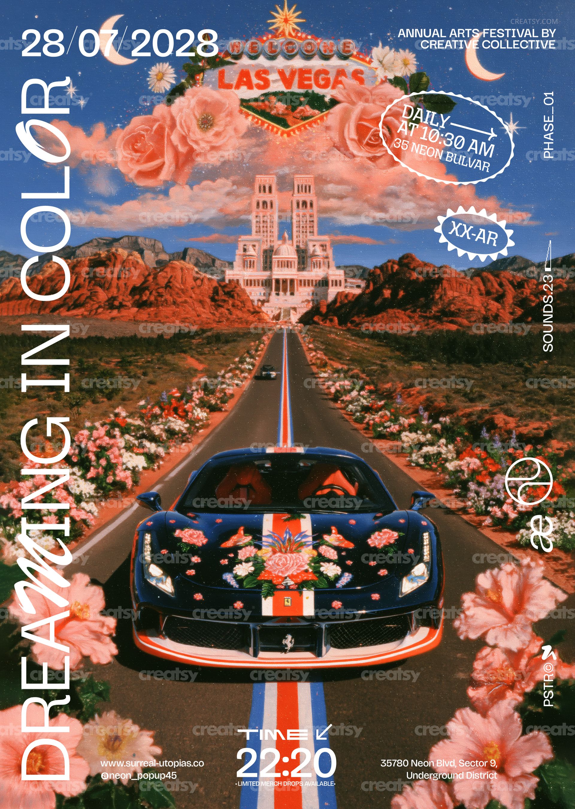 Colorful poster mockup showing a sports car with floral patterns, surrounded by pink flowers and a distant castle scene.