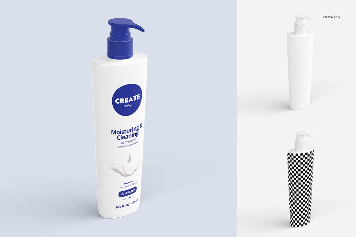 Front view of a tall white lotion bottle with blue pump, shown on a light background with mockup variations.