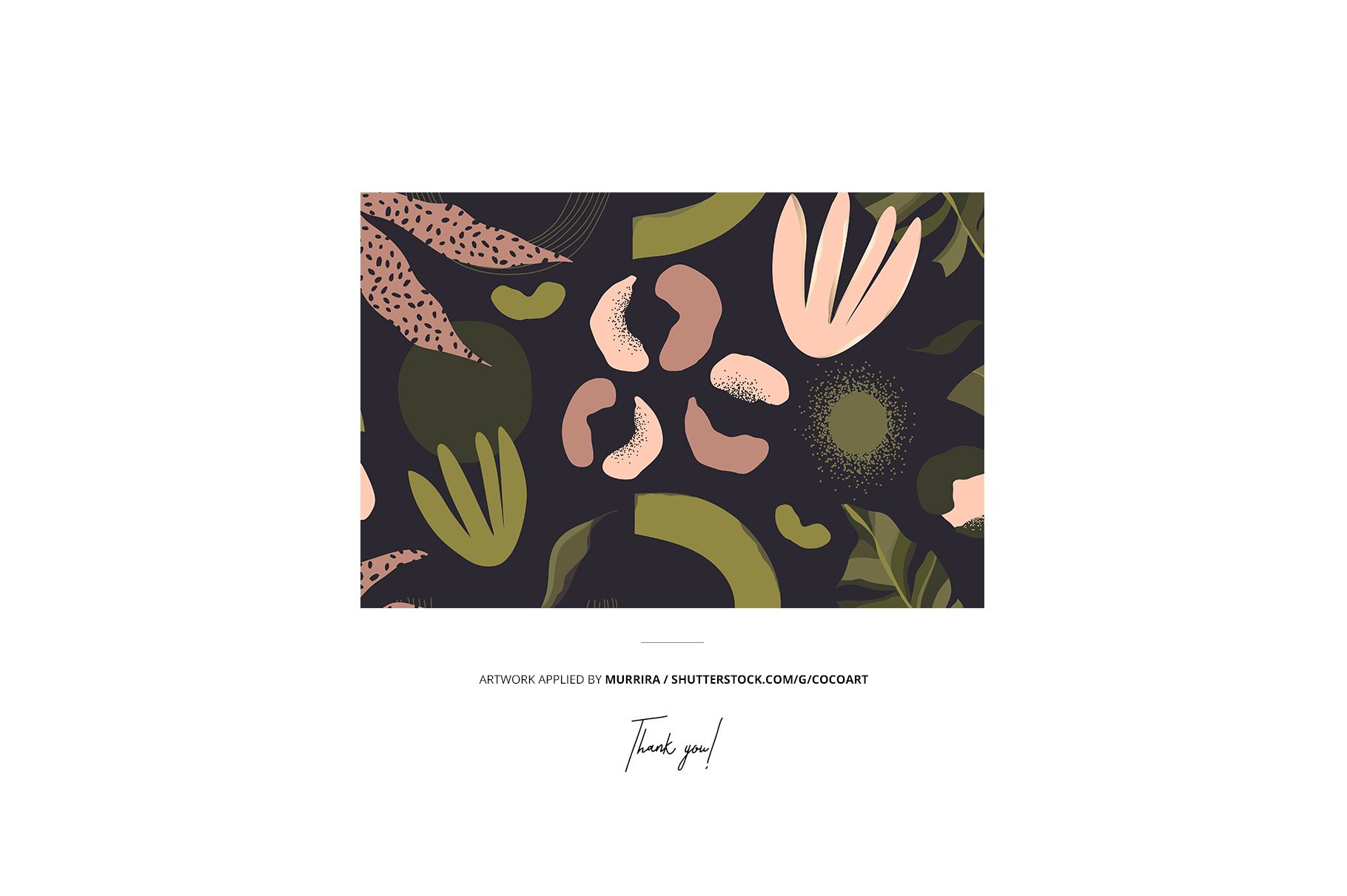 Envelope mockup featuring a modern botanical design in muted pink, olive, and beige tones on a black backdrop.